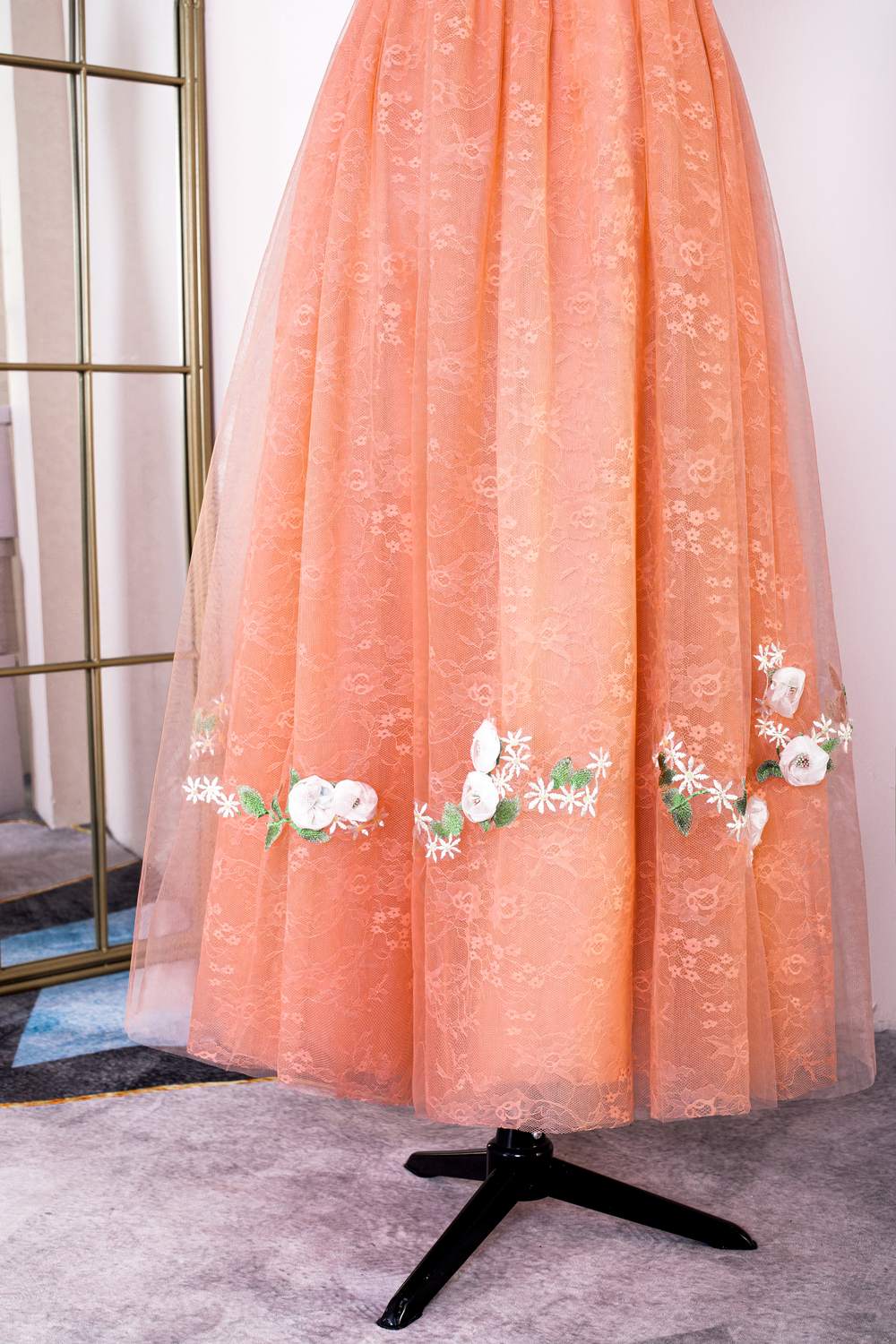 Orange Flower Straps Embroidery A-line Knee-Length Prom Dress