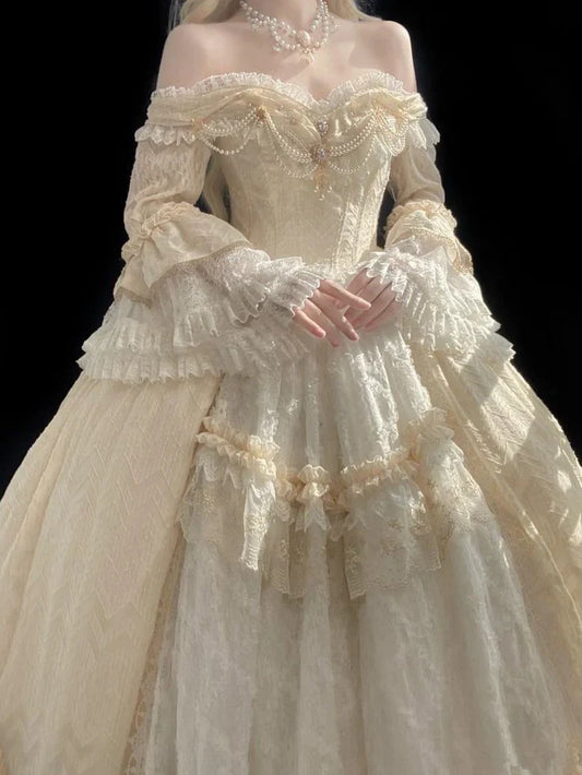 Gorgeous Ivory Sweetheart Lace Off-the-shoulder Long-sleeve A-Line Wedding Dress TP4593
