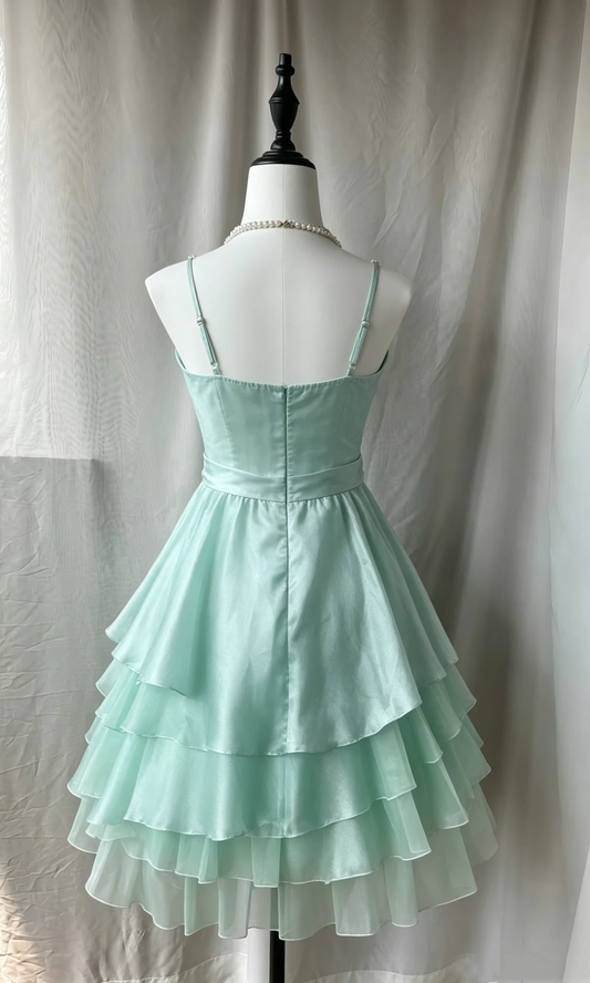 Cute Mint Green Satin Spaghetti Strap Short Tiered Ruffle A-Line Homecoming Dress TP5891