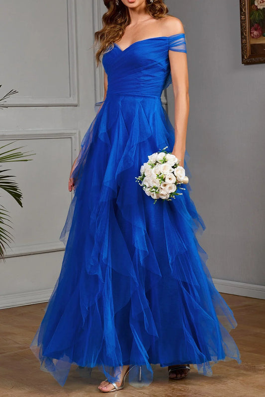 Elegant Off-Shoulder Royal Blue Tulle Prom Dress Sweetheart Tiered Ruffle A-Line Formal Evening Gown TP5751