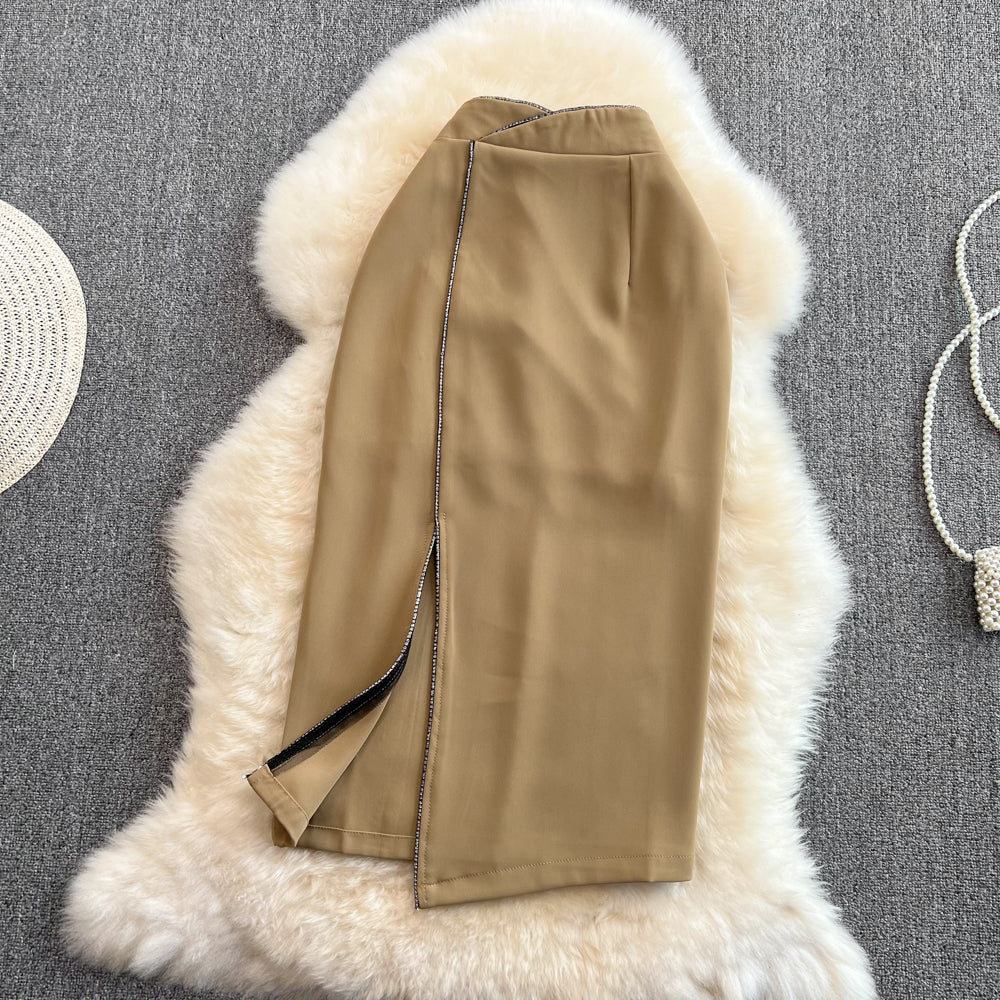 Versatile high waist slim wrap hip skirt medium length split one-step skirt 11284