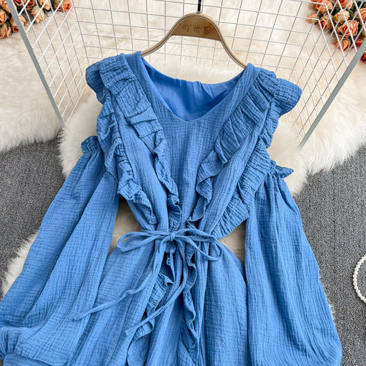 Blue V Neck Long Sleeve Dress Fashion Dress 10916