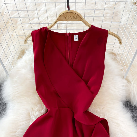 V-neck high waist slim Ruffle sleeveless A-line dress 11029