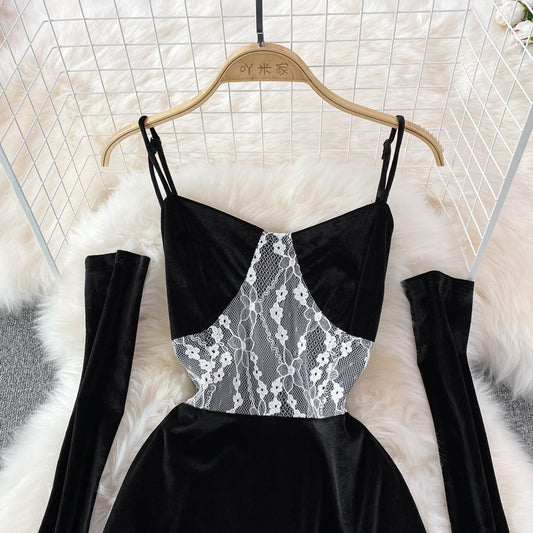 Hepburn style black velvet suspender skirt design sense evening dress skirt 10999