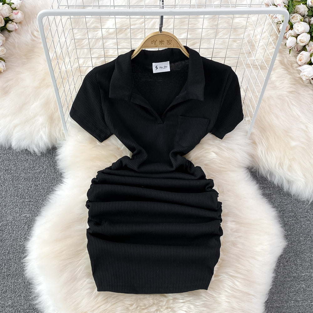 Slim and sexy polo collar, careful machine wrapped hip skirt 11138