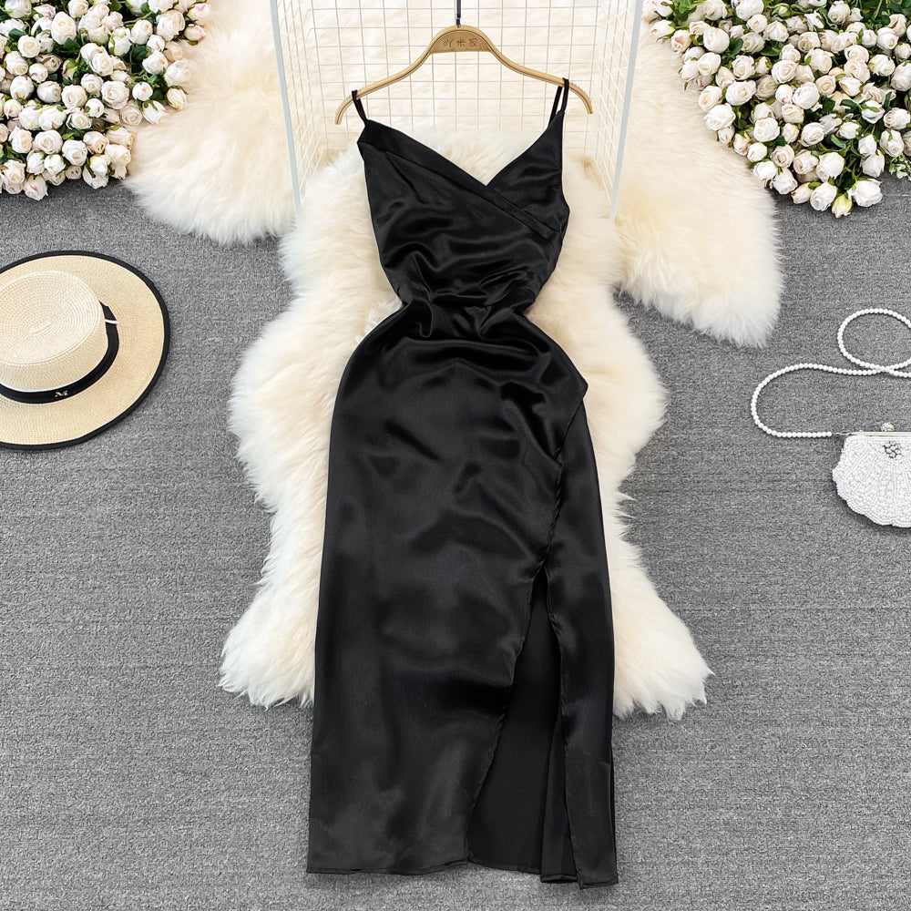 V-neck slim slim acetate Satin pleated split dress dress 11180