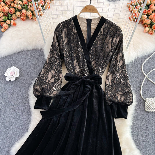 Black V Neck Lace A Line Dress Fashion Dress 10888