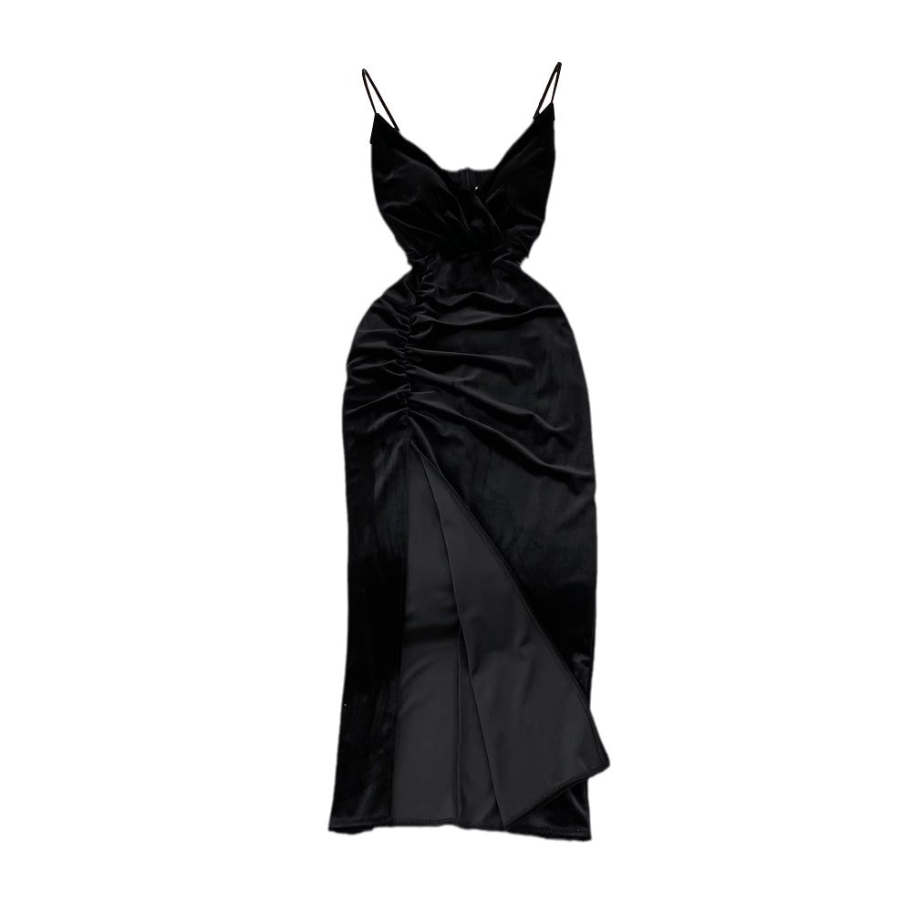 Slim open back split gold velvet dress suspender dress 11055