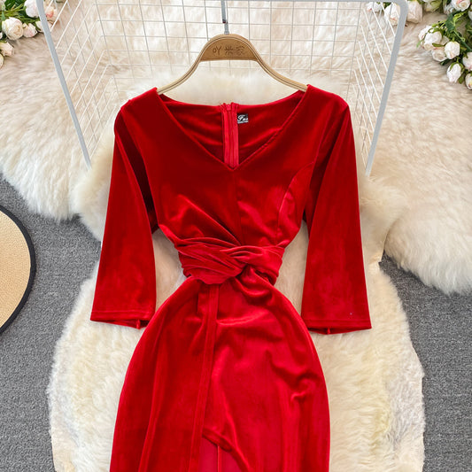 Stylish V Neck Velvet Long Dress Fahsion Dress 10938