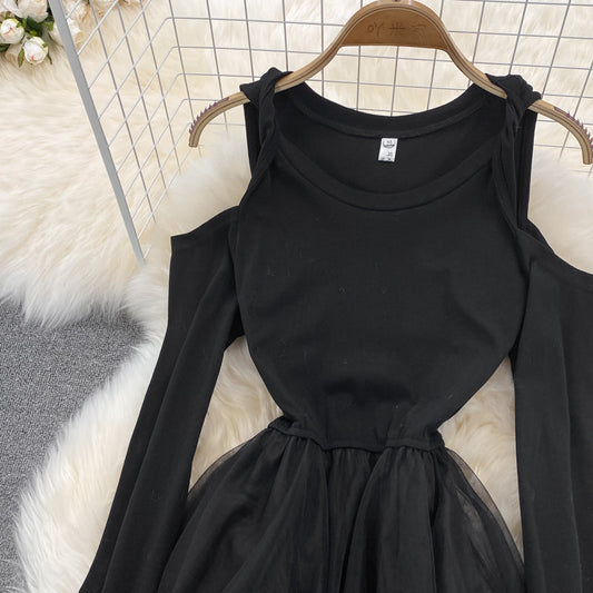 Black Irregular Long Sleeve Off Shoulder Dress Fashion Dress 10872
