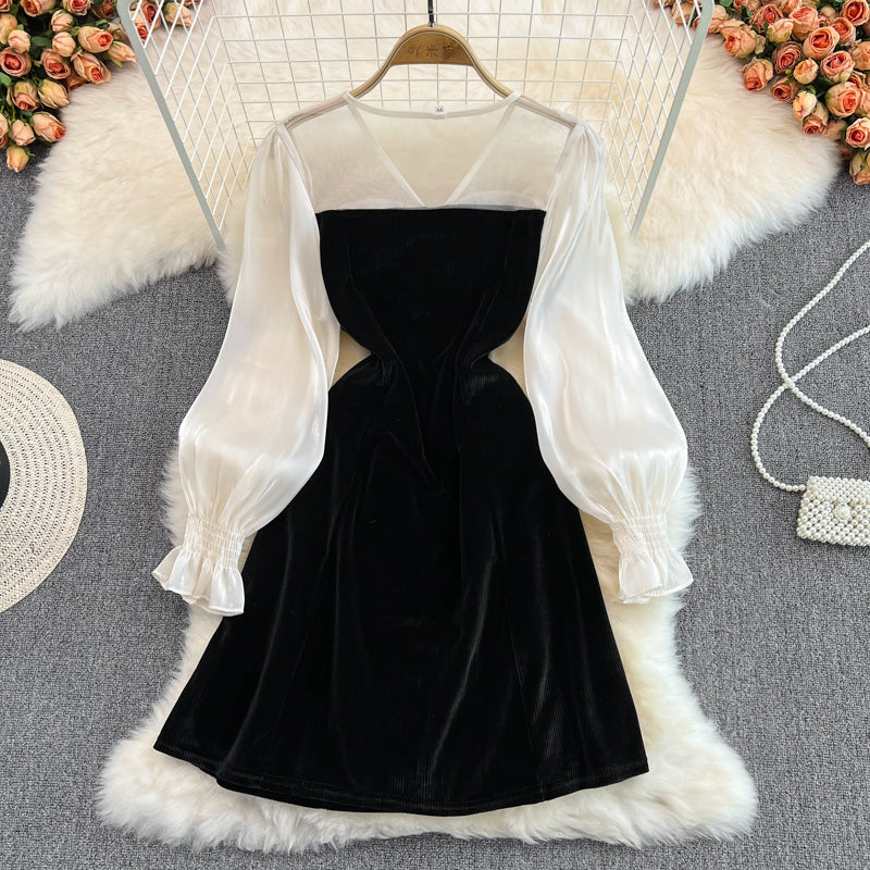 Cute V-Neck Bow Long Sleeve Dress Black Fashion Dress 10883