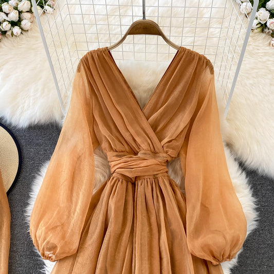 Cute V Neck Soft Chiffon Dress Fashion Girl Dress And Scarf 10791