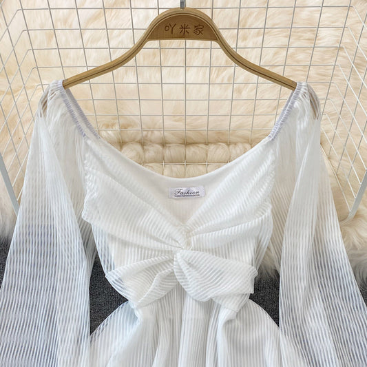 White V Neck Short Dress A Line Long Sleeve Dress 10819
