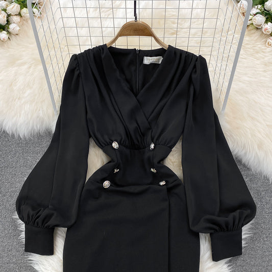 Black V Neck Long Sleeve Dress Fashion Dress 10843