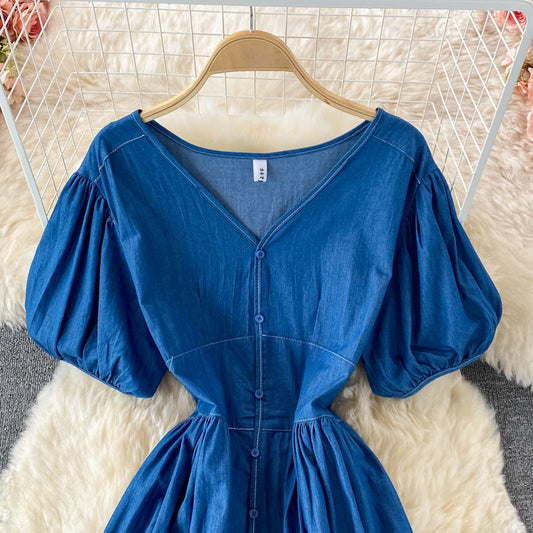 Simple V Neckline Denim Dress A Line Fashion Dress 10836