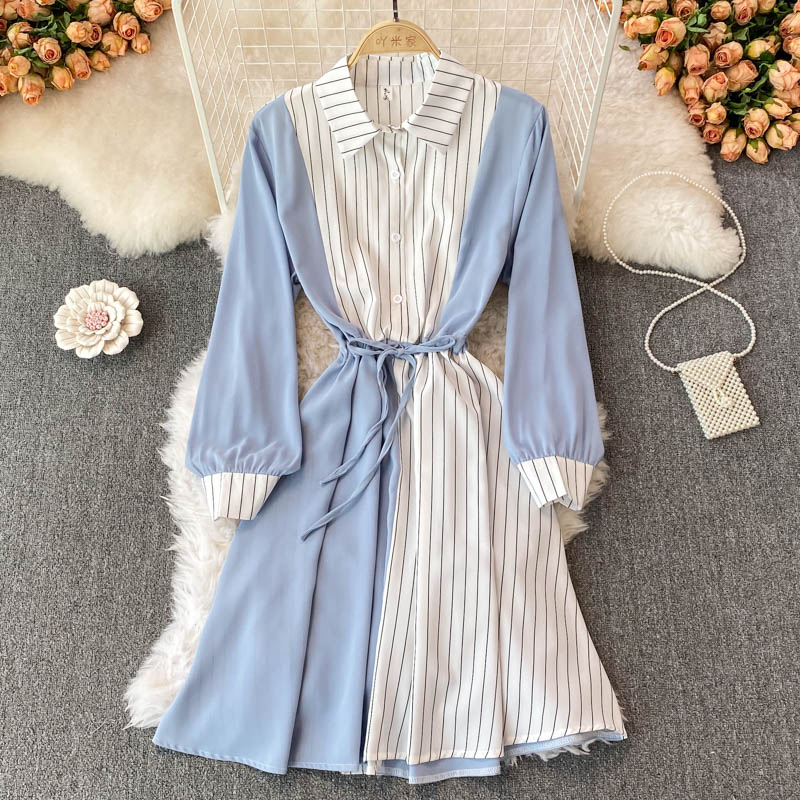 Simple A Line Striped Shirt Dress 10771