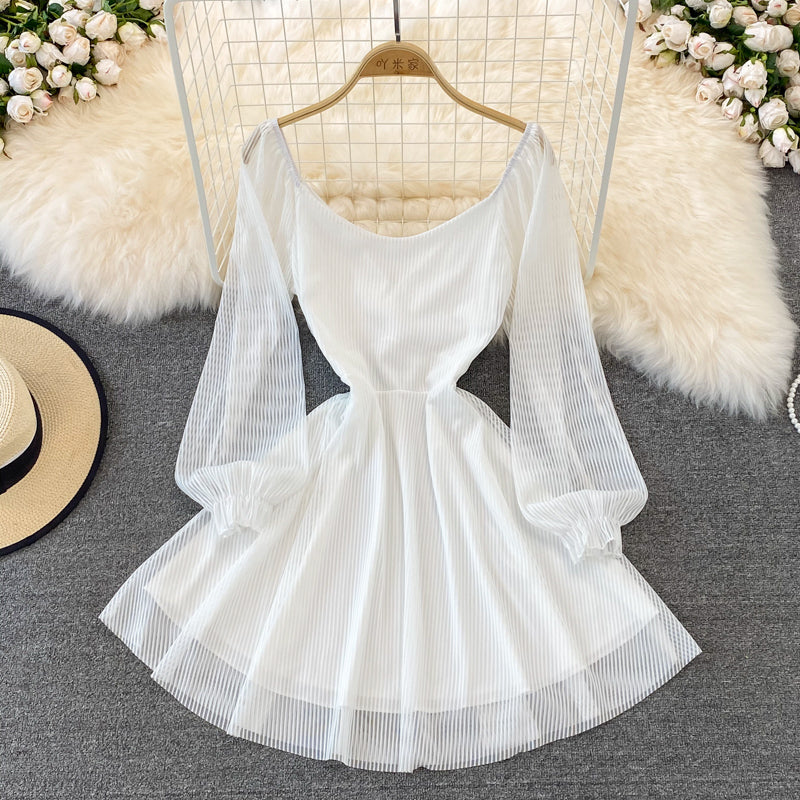 White V Neck Short Dress A Line Long Sleeve Dress 10819