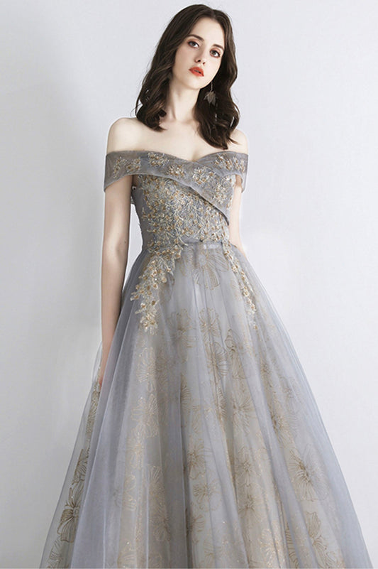 Gray tulle sequins long prom dress evening dress 10639