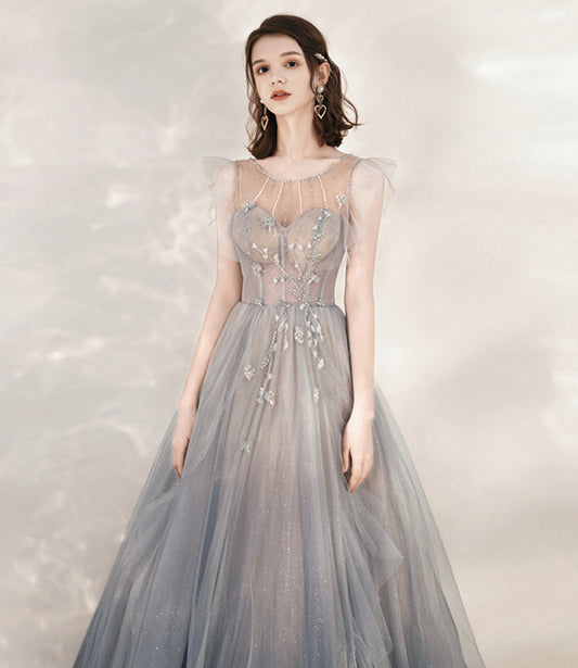 Cute tulle beads long prom dress A line formal dress 10547