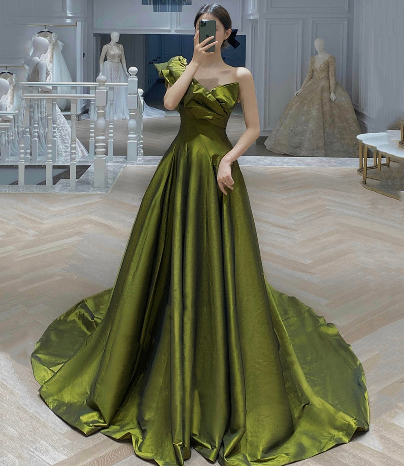 Green satin long prom dress A line evening dress 10541