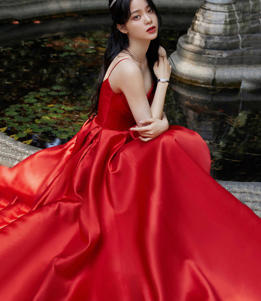 Red satin long prom dress A line evening dress 10567