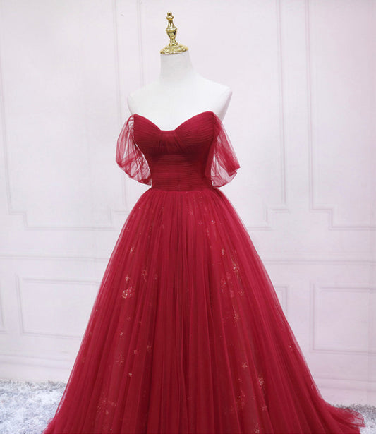 Red tulle sequins long prom dress A line evening dress 10569