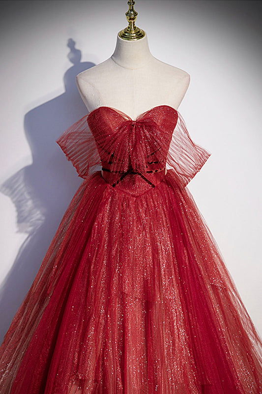 Burgundy tulle sequins long prom dress A line evening gown 10632