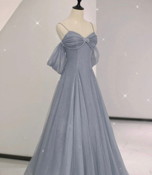 Gray tulle sequins long prom dress gray evening dress 10633