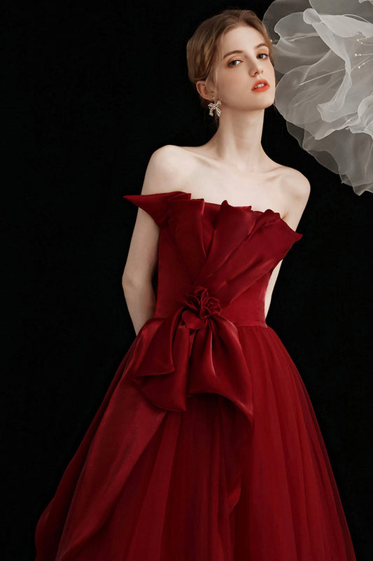 Burgundy tulle long prom dress A line evening dress 10603