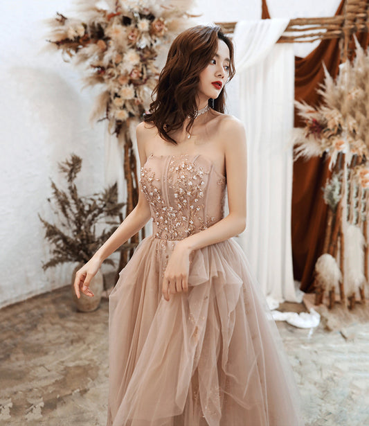 Cute tulle sequins long prom dress A line evening gown 10486