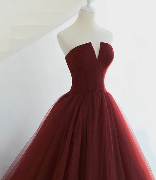 Burgundy tulle long prom dress A line evening gown 10563