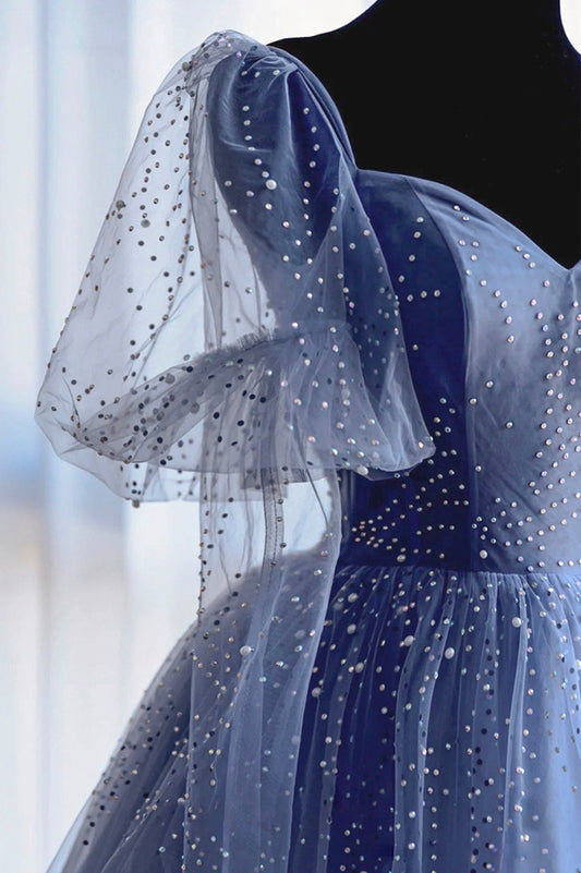 Blue tulle beads long prom dress blue evening dress 10522