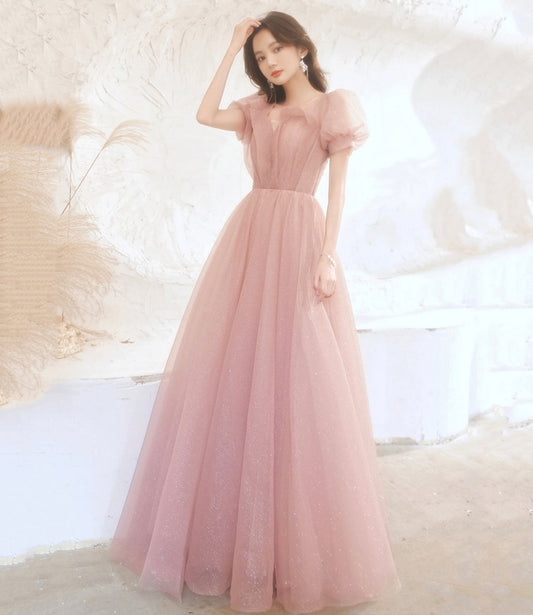 Cute tulle long prom dress pink A line evening dress 10524