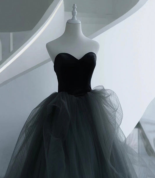 Black and gray tulle long prom dress A line evening dress 10517