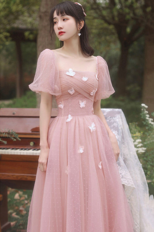 Pink tulle long prom dress A line evening dress 10587