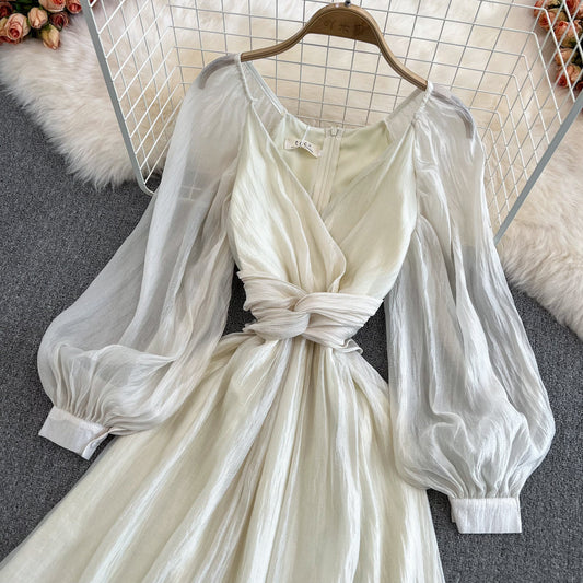 Champagne V Neck Long Sleeve Dress A Line Fashion Dress 10683