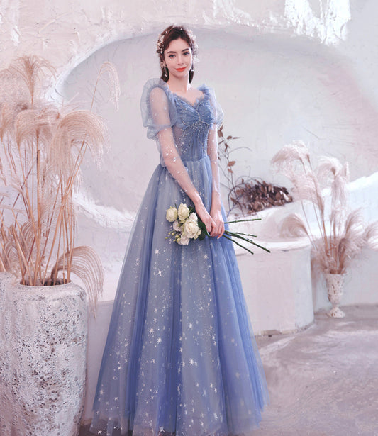 Blue tulle long A line prom dress blue evening dress 10530