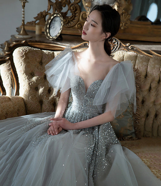 Gray tulle sequins long prom dress A line evening dress 10574