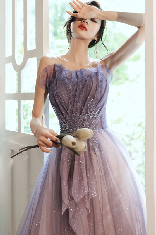 Purple tulle sequins long prom dress evening dress 10624