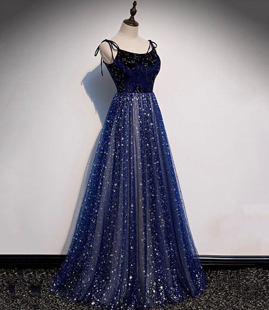 Blue velvet tulle long prom dress A line evening dress 10515