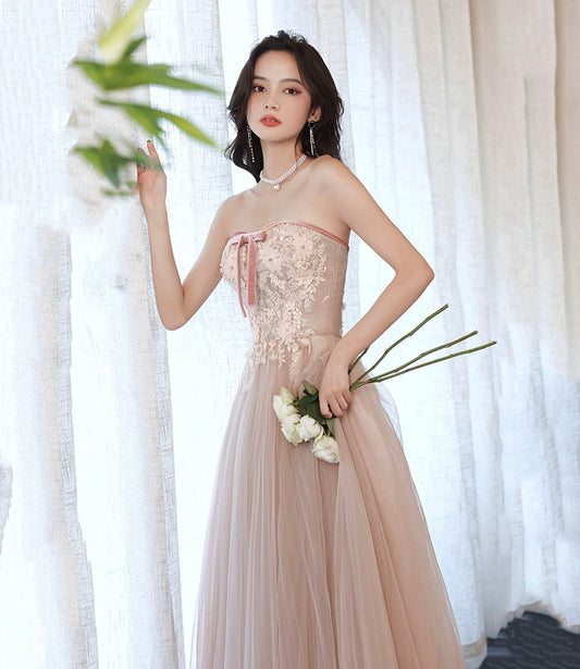 Pink tulle lace long prom dress pink evening dress 10628