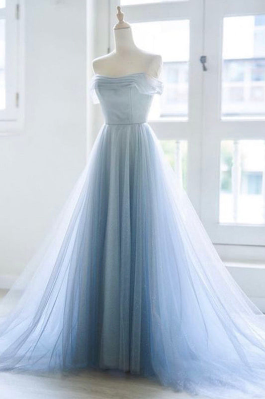 Blue tulle long A line prom dress blue evening dress 10592