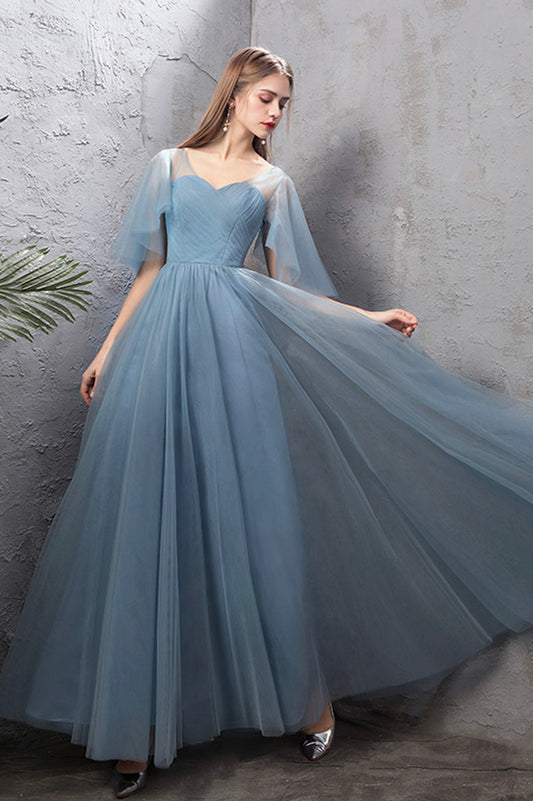 Blue tulle long A line prom dress blue evening dress 10588