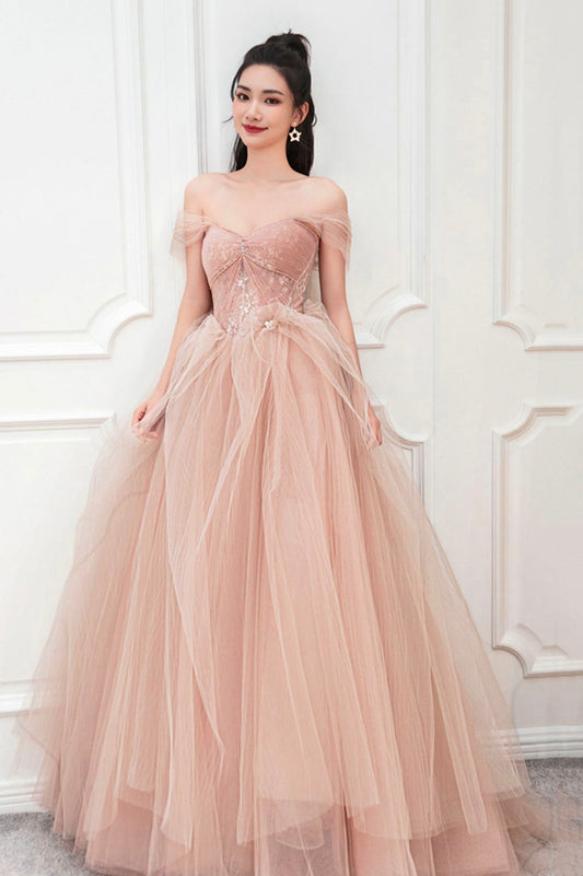 Pink tulle long prom dress pink evening dress 10589