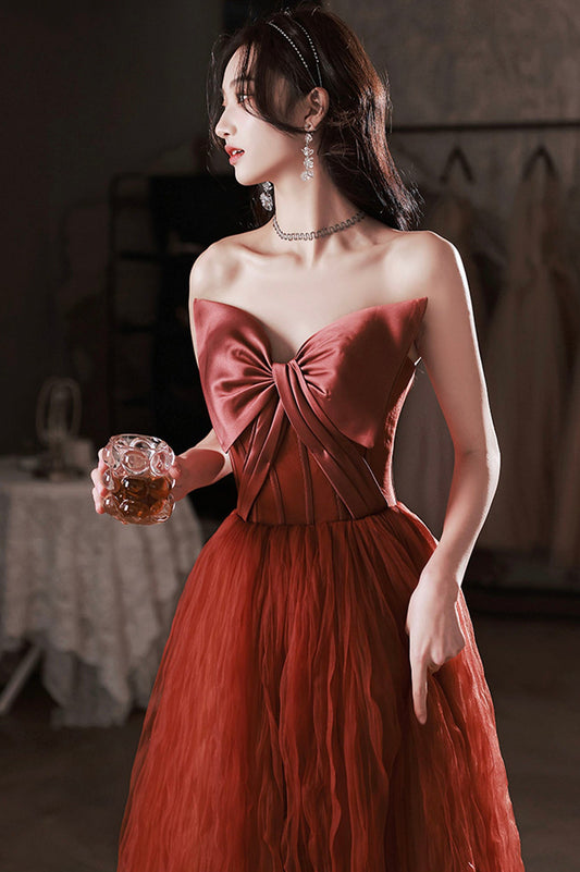 Burgundy satin tulle long prom dress A line evening dress 10649
