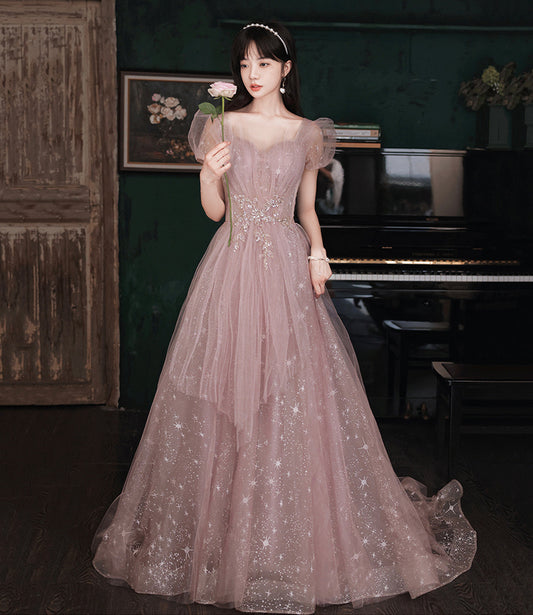 Pink tulle long prom dress A line evening gown 10490