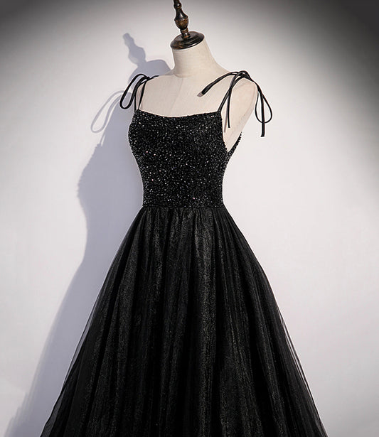 Black tulle beads long prom dress A line evening dress 10500
