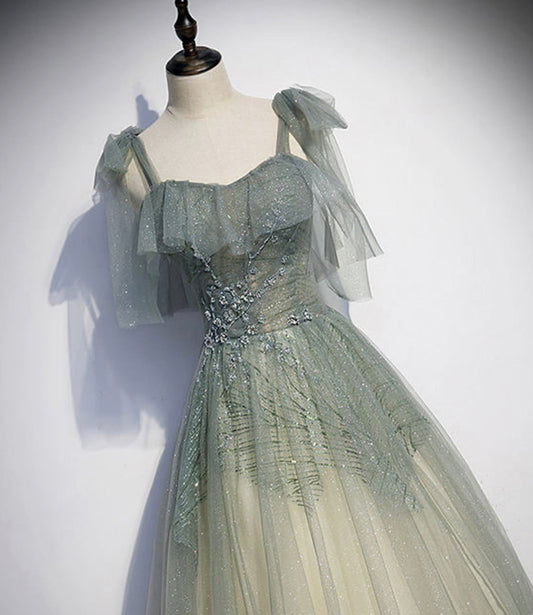 Green tulle sequins long prom dress evening gown 10474