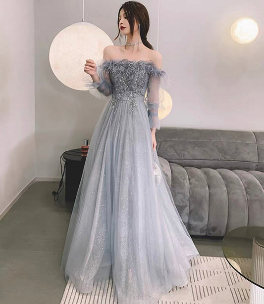 Gray tulle sequins long prom dress A line evening dress 10559