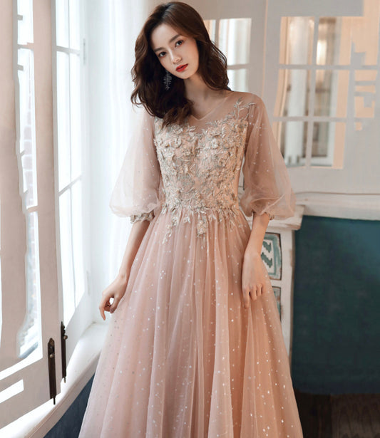 Cute tulle lace long prom dress A line evening dress 10554